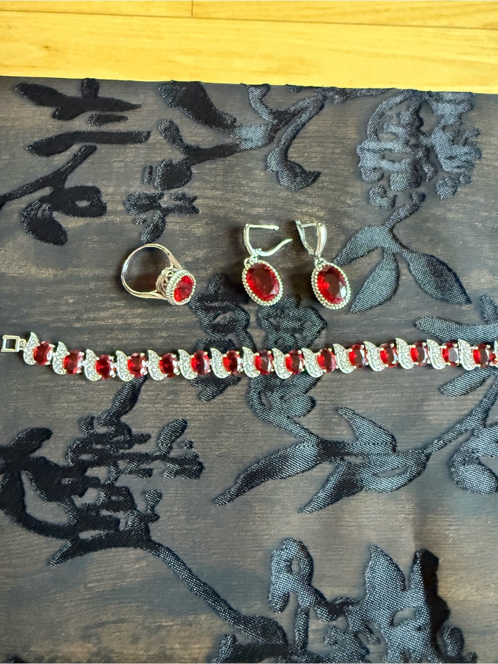 Elegant Silver Red Crystal Jewelry Set - Bracelet, Earrings, Ring